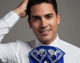 Charro moño brodé bleu mexicain - Nœud papillon mariachi en satin traditionnel