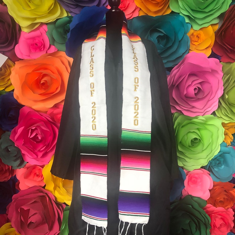 Graduation class of 2021 Mexican sash sarape zarape  Gold lettering WHITE comencement graduation gift ships TOMORROW  personalizations 