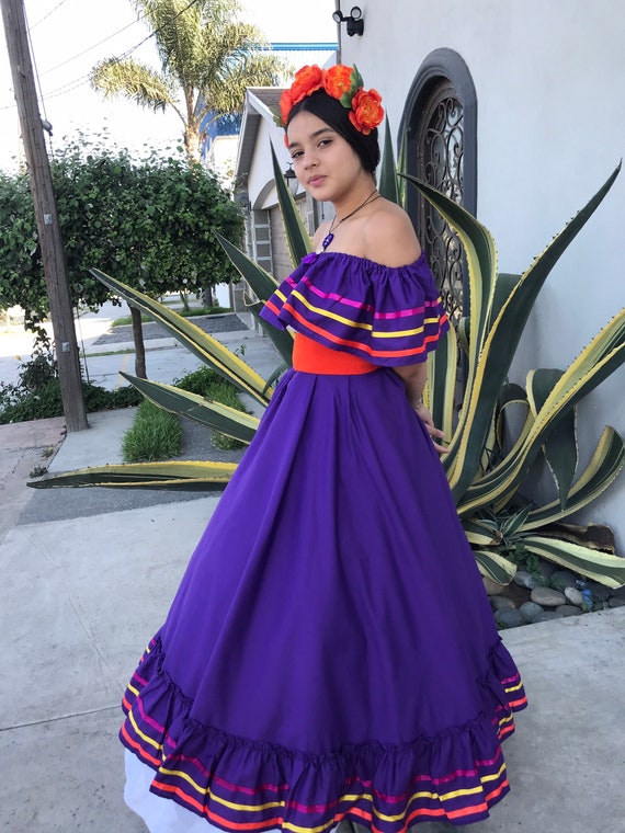 Mexican Dress With Top Handmade Beautiful Frida Kahlo Style Womans Mexican  Boho Coco Theme Party Day of the Dead Purple 90CM 