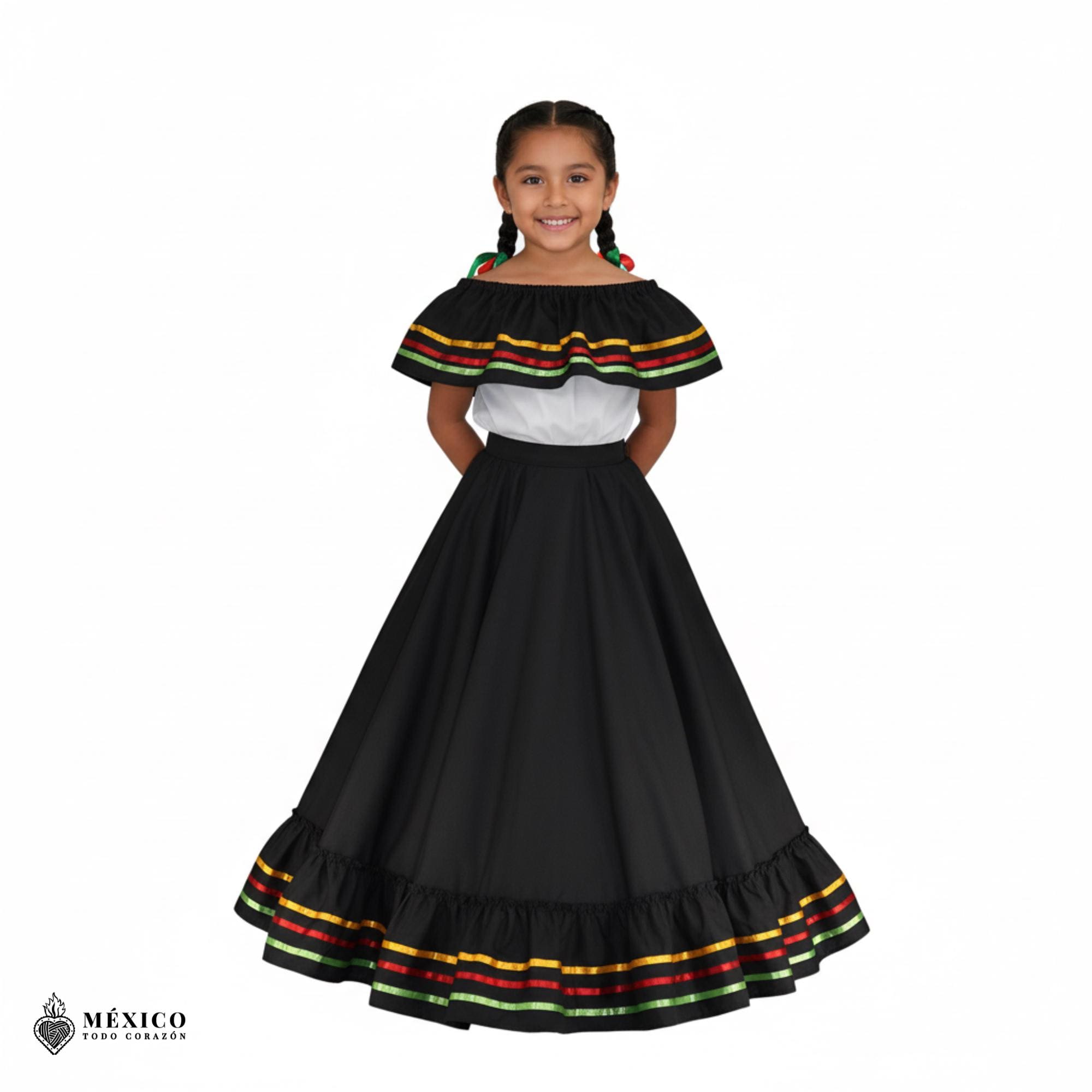 メキシコのハリスコ風ブラックドレスセット - 女性用ハンドメイドの