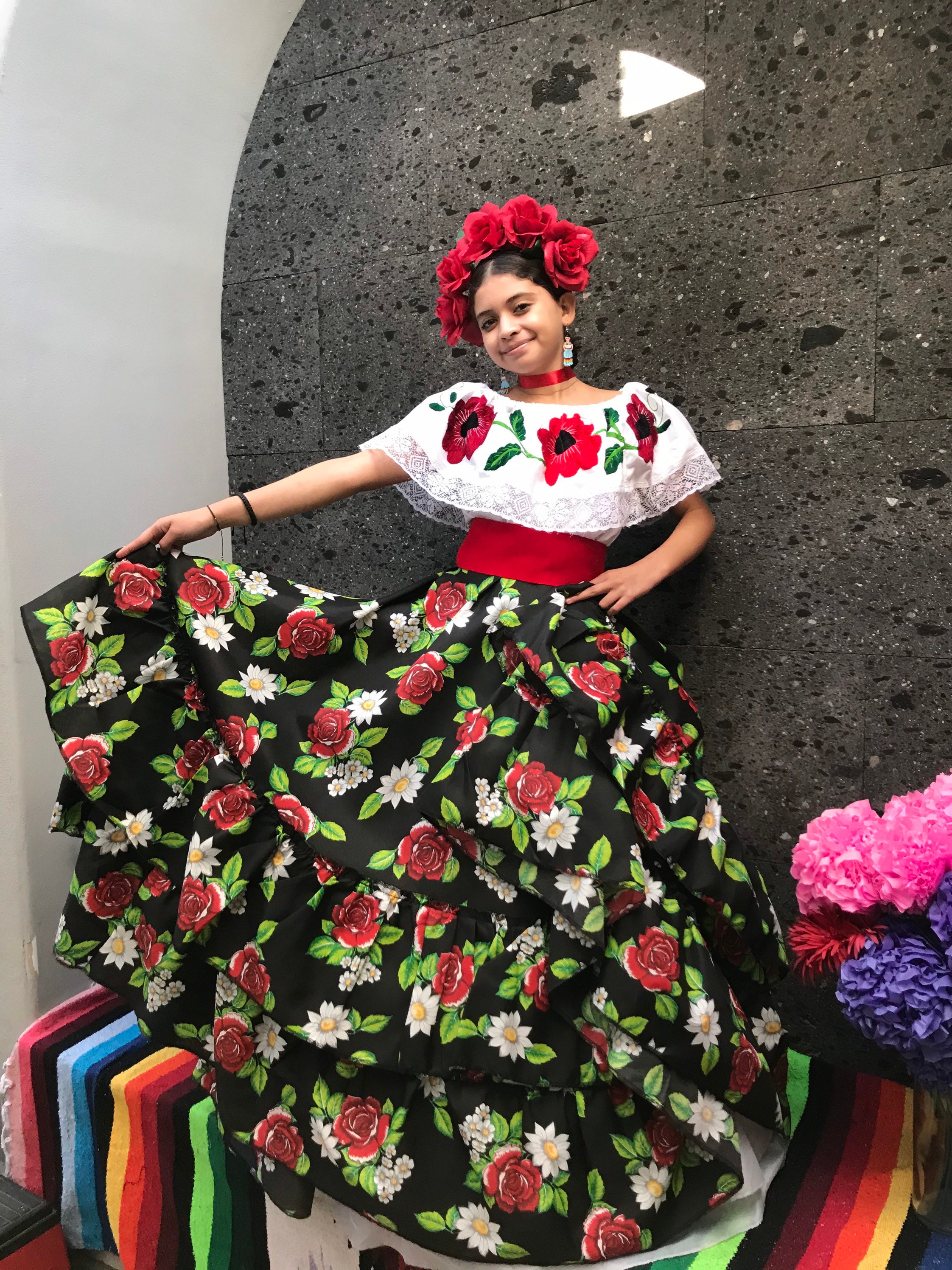 Mexican Floral Skirt: Black Circle Dress, Coco Theme Party (100CM
