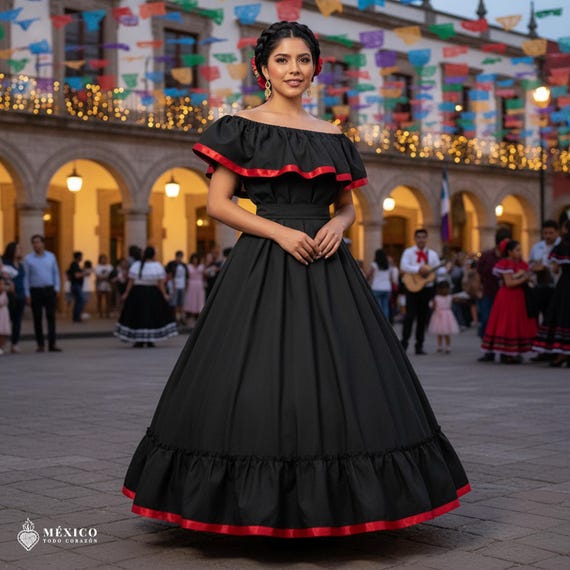 Vestido Cheap Mexican Dresses Black Traditional Jalisco One-Piece Dress  Mexican Folklore Wear (Size 6)