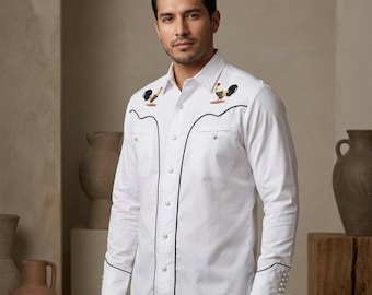 Traditional Mexican Charro Embroidered Long Sleeve Shirt – Artisan Style L