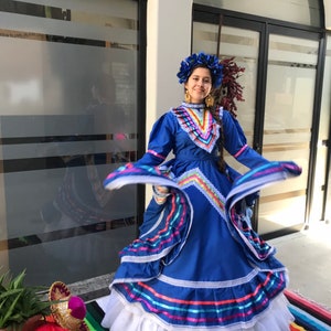 Mexican dress size 14 Blue Jalisco dress Folkloric - mexican boho hippie Mexican dance dress wedding 5 de mayo  fiesta