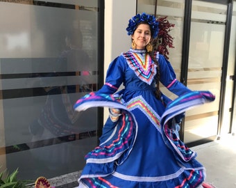 Mexican dress size 16 Blue Jalisco dress Folkloric -  mexican boho hippie Mexican dance dress wedding 5 de mayo  fiesta