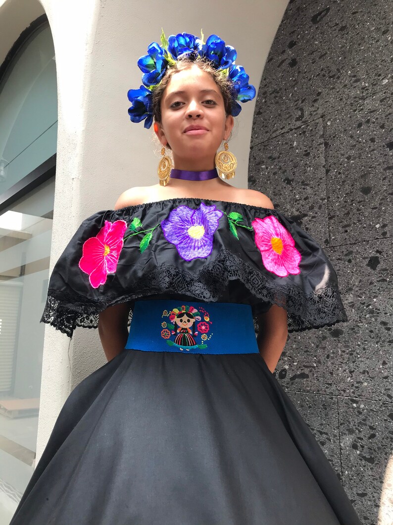 Mexican Blouse woman/'s one size Color Black Frida style Mexican hobo hippie flower coco theme party day of the dead Blouse ONLY 5 de Mayo