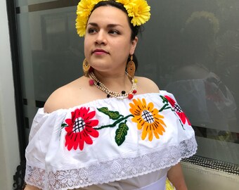 Mexican BLOUSE ONLY  handmade White flowers  coco theme party mexican fiesta 5 de Mayo Frida Khalo style  mexican womans Boda coco