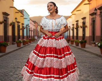 Oaxaca Mexican Skirt: Red  Satin, Lace & Ribbon - Coco Theme Party