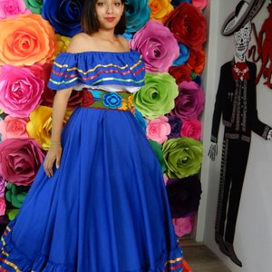 Mexican Jalisco dress  2 piece  Blue  Handmade- Beautiful style- womens  mexican boho  coco theme party  day of the dead 100CM double vuelo