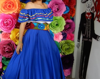 Mexican Jalisco dress  2 piece  Blue  Handmade- Beautiful style- womens  mexican boho  coco theme party  day of the dead 100CM