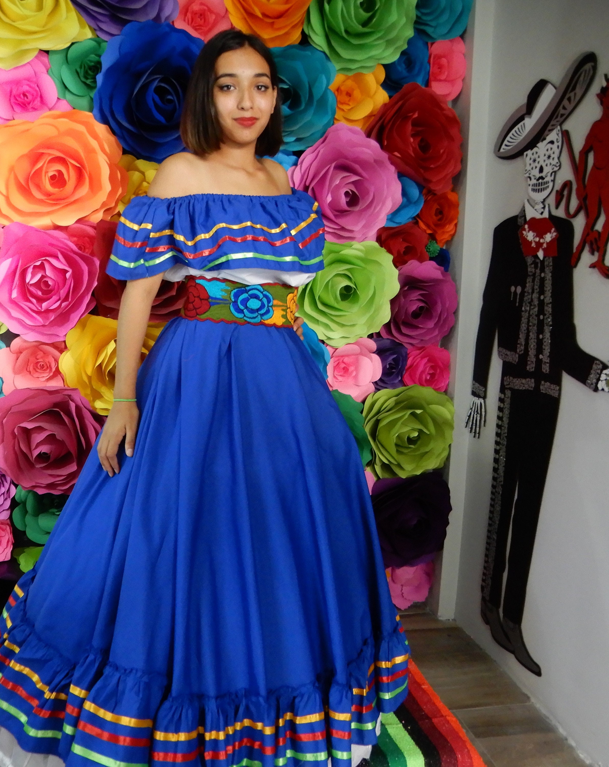 Mexican Dark Blue Dress With Top Handmade Beautiful Style Womans Mexican  Boho Coco Theme Party Day of the Dead 90cm 