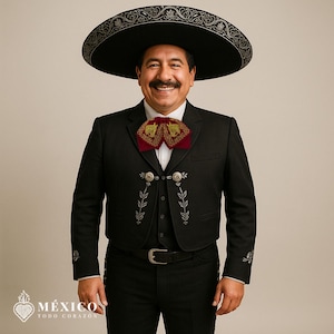 Weinroter Mexikaner Charro Moño mit Goldpferdestickerei | Mariachi Fliege für Fiestas oder Kulturelle Veranstaltungen | México Todo Corazón