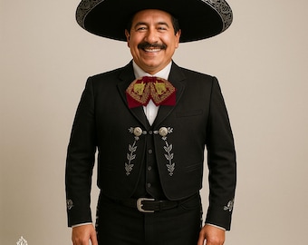 Wine Red Charro Moño: Gold Horse Embroidery, Mexican Mariachi Bow Tie