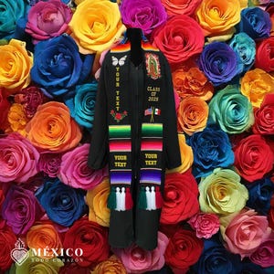 Etole de remise des diplômes mexicaine personnalisée en sarape vierge de Guadalupe, broderie de fleurs, papillon et drapeaux avec pompons, promotion personnalisée 2025