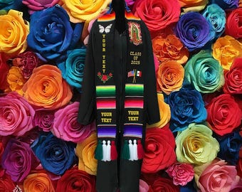 Etole de remise des diplômes mexicaine personnalisée en sarape vierge de Guadalupe, broderie de fleurs, papillon et drapeaux avec pompons, promotion personnalisée 2025