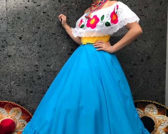 Mexican womans dress SKIRT ONLY BLUE day of the dead mexican fiesta coco theme party noche de muertos one size fits all adelita costume 90CM
