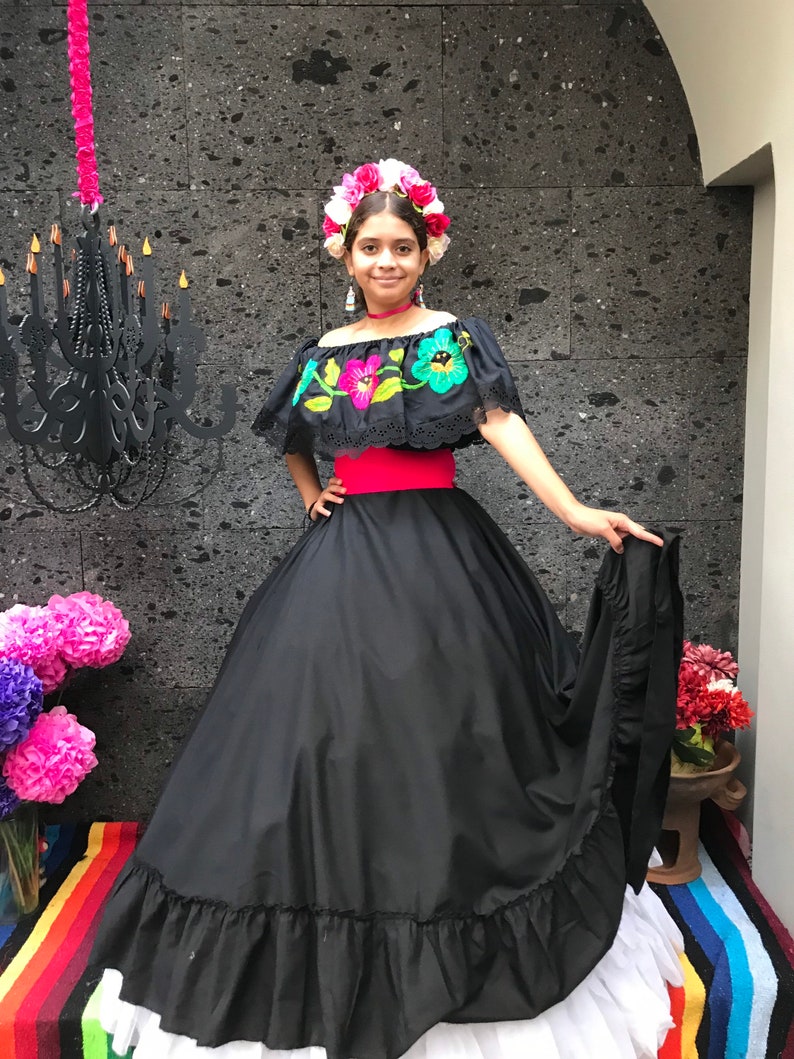 Frida Kahlo style Beautiful Mexican Black dress with top Handmade womans mexican boho coco theme party day of the dead costume 100CM