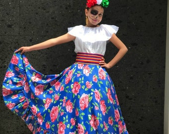 Mexican BLUE flowered skirt  Handmade- Beautiful style- Girl mexican boho coco theme party  day of the dead SKIRT ONLY 80CM