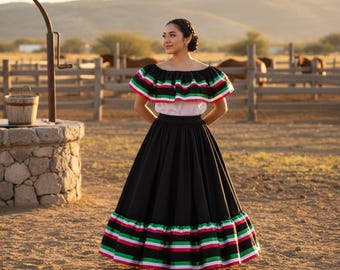 メキシコの民族衣装スカート：黒地にピンクのリボン、バレエ