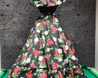 Mexican dress with top Handmade skirt Frida Kahlo style-womans mexican boho coco theme party  day of the dead  costume 100cm