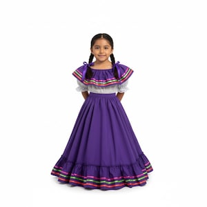 Mexican two piece dress Handmade- KIDS SIZE 2-4  Beautiful coco theme style- Mexican hobo 5 de Mayo Jalisco kids dress Purple 40CM
