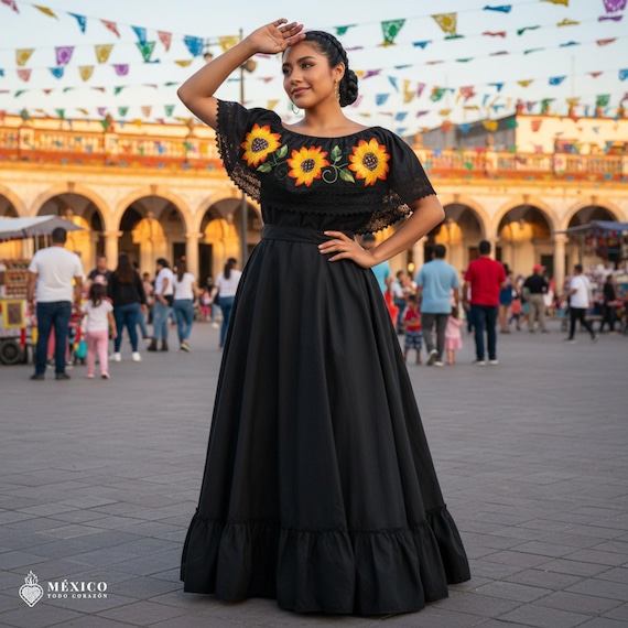 Traditional Mexican Embroidered Floral Dress Set  Handmade Two-Piece