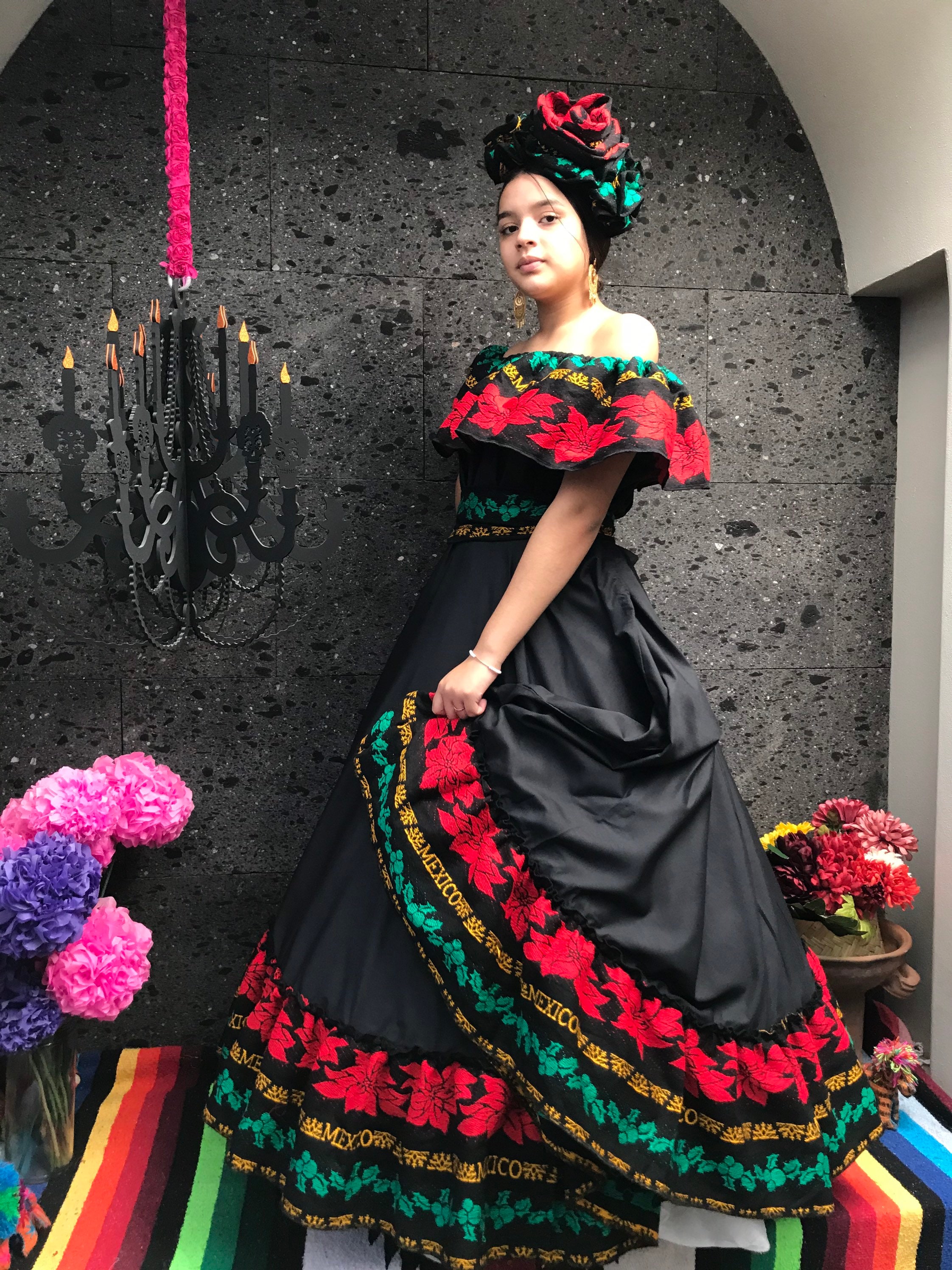 black mexican dress Dress, Frida Kahlo Style 3-piece Costume Wear a piece of Mexicos cultural heritage with pride Black Embroidered Dress - Guayaberas-Mexican