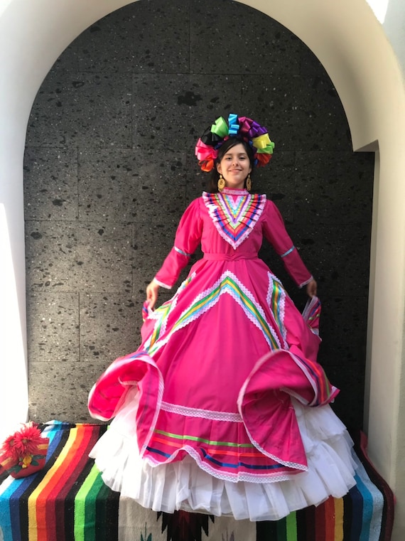 Vestido mexicano Talla 14 Fiusha Adolescente JALISCO dia de muertos boda mexicana coco tema fiesta disfraz de halloween Etsy Mexico