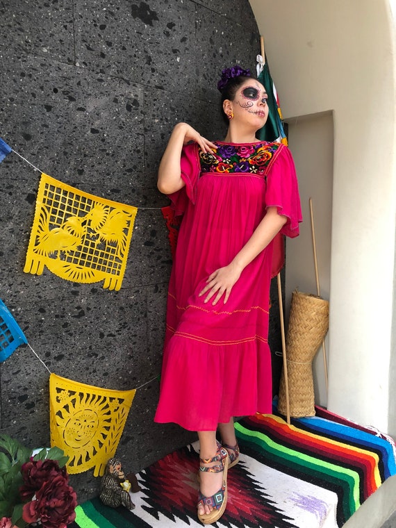 Mexican Embroidered Dress: Handmade XS Pink Fiesta Tunic