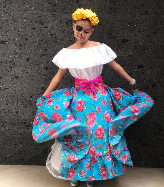 スカート Ameri COCO FLOWER SKIRT Mexican Teen SKIRT ONLY Day of the Dead Blue Flowered Fiesta Coco