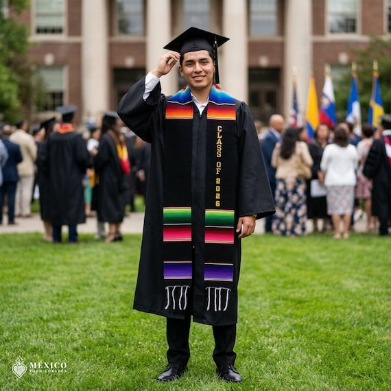 Custom Embroidered Mexican Graduation Stole Class Of 2026 Gold lettering