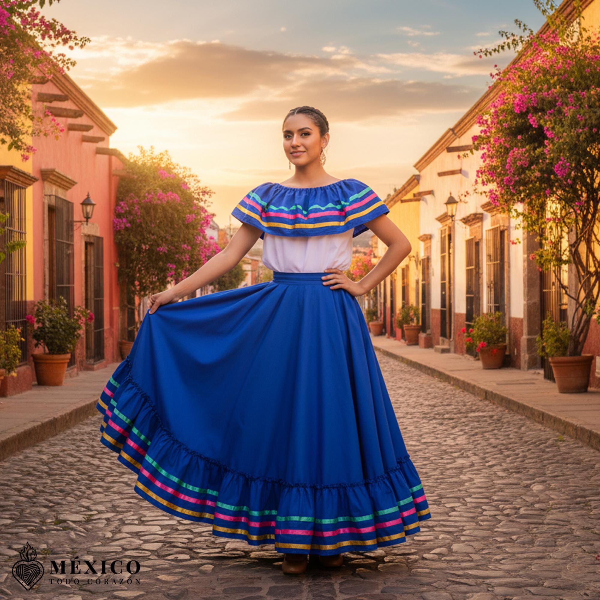 メキシコのドレス‼️ ロイヤルブルーのメキシコハリスコドレスセット - 女性用ハンドメイド