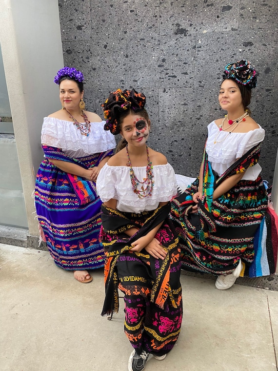 Mexican womans Cambaya dress one size Handmade- Beautiful- Virgen Mexican boho hippie dress coco theme party day of the dead