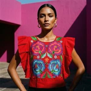Traditionell mexikansk blus i Huipil-stil – Handgjord broderad mantatopp S M
