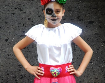 Mexican Blouse little Kids Size 10 - day of the dead  Mexican boho hippie baby flower color white