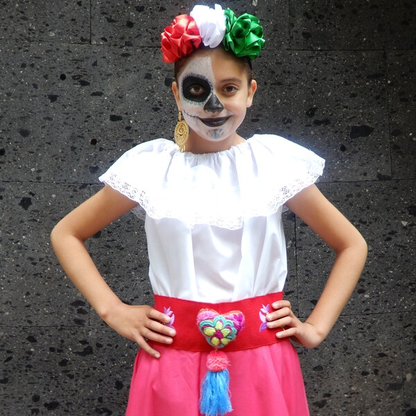 Mexican Blouse little Kids Size 10 - day of the dead  Mexican boho hippie baby flower color white
