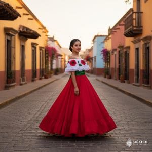 May include: A floor-length dress featuring a vibrant red skirt with a wide hem, a green waistband, and an off-the-shoulder white bodice adorned with embroidered red poppy flowers and green leaves, finished with delicate white lace trim.
