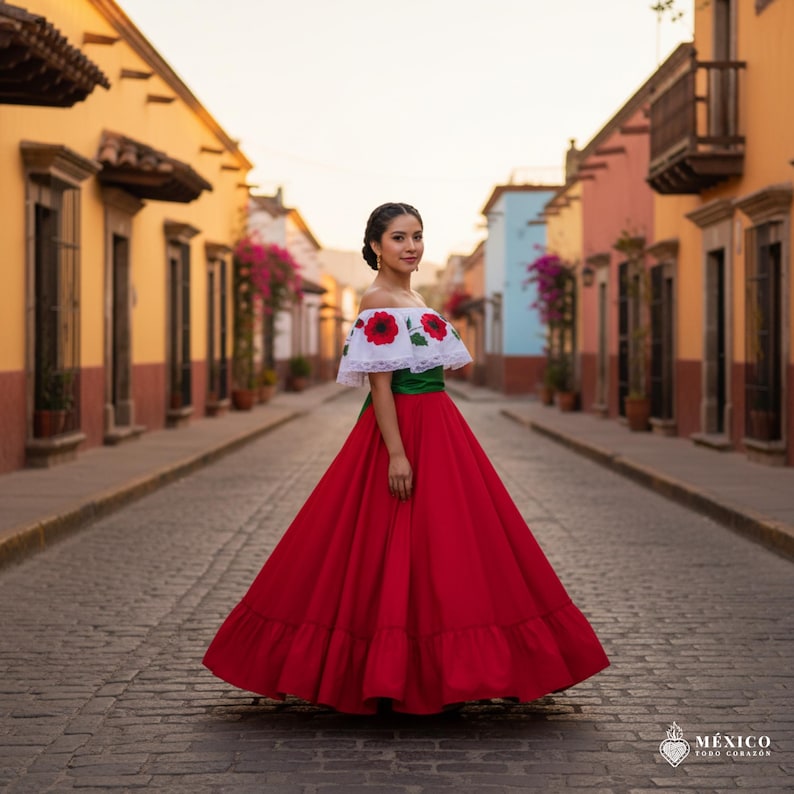 May include: A floor-length dress featuring a vibrant red skirt with a wide hem, a green waistband, and an off-the-shoulder white bodice adorned with embroidered red poppy flowers and green leaves, finished with delicate white lace trim.