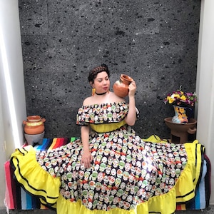 Vestido mexicano con top Falda artesanal -mujeres mexicana boho coco tema fiesta día de muerto disfraz 100cm