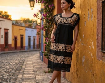 chinese dress ladies Gonzalo Bauer 1970s Black Crochet Pintuck Cotton Mexican Wedding Dress –  Featherstone Vintage main image 1