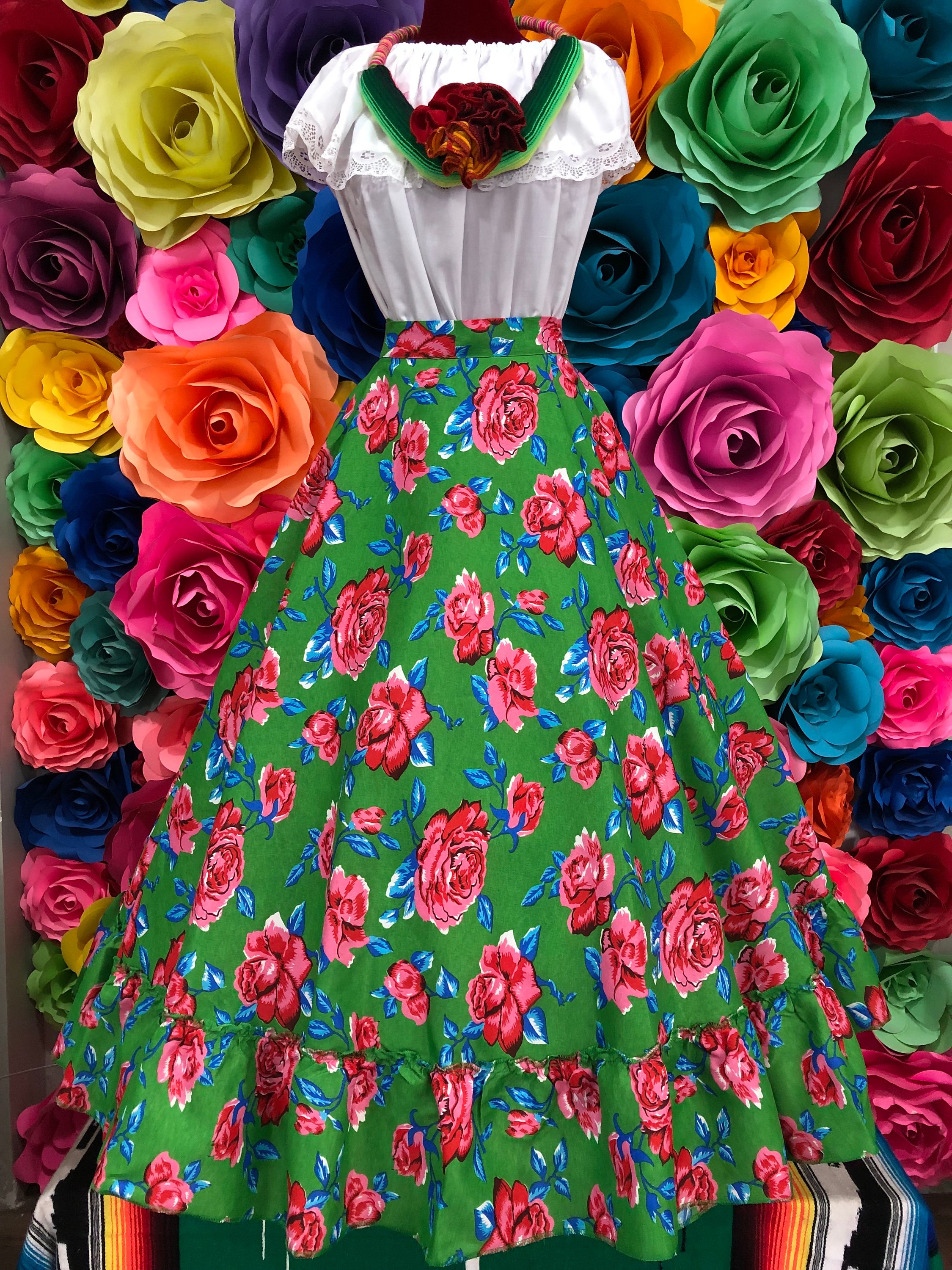 Mexican Flowered Flowered Black One Circle Practice Skirt-womans