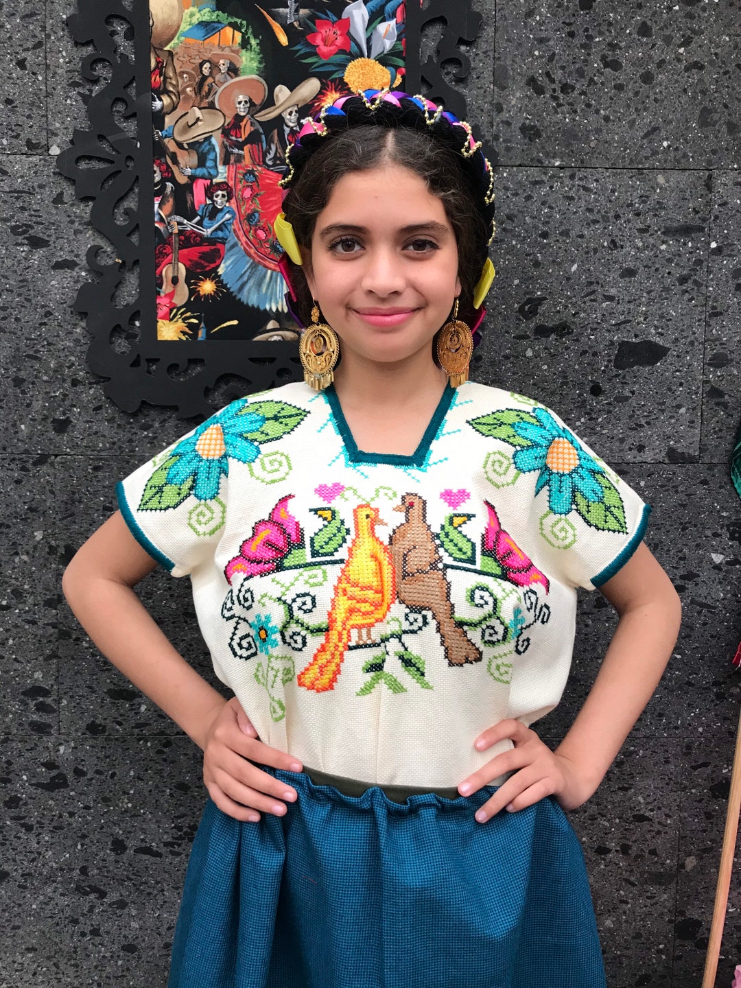 Blusa Huapango Mexicana hecha a mano: Punto de Cruz, XS-M