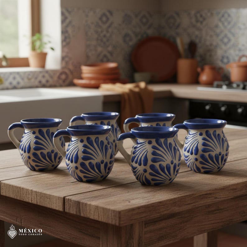 Peut inclure: Six tasses en c&eacute;ramique avec des motifs floraux bleus et blancs sont dispos&eacute;es sur une table en bois. Les tasses ont des anses et un bord bleu. L'arri&egrave;re-plan montre une cuisine avec d'autres articles en c&eacute;ramique.