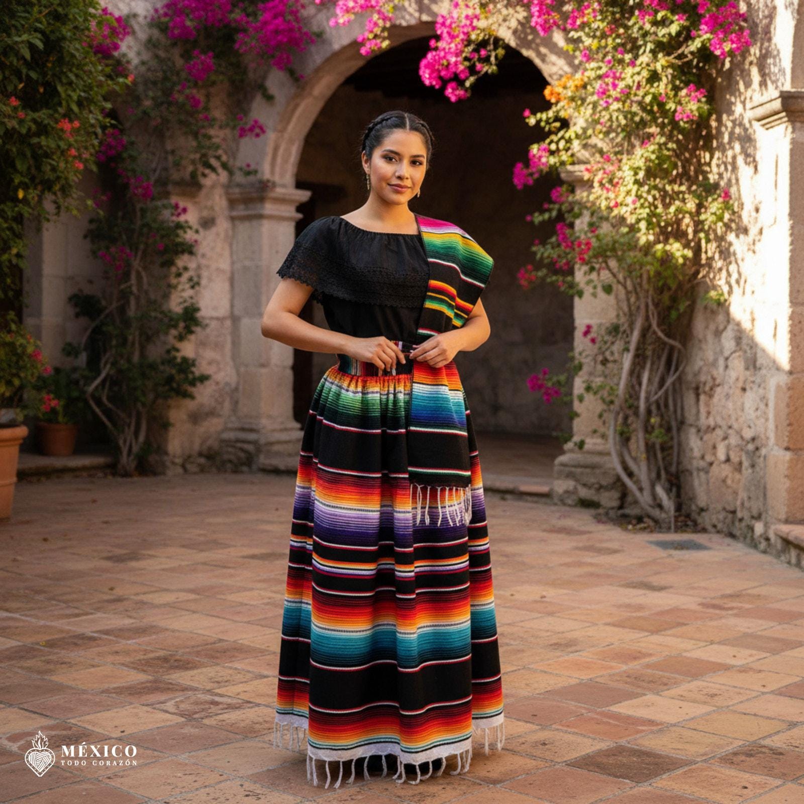 Mexican Robe Traditional Mexican Sarape Dress Set, 3 Piece Outfit With Blouse, Skirt ...