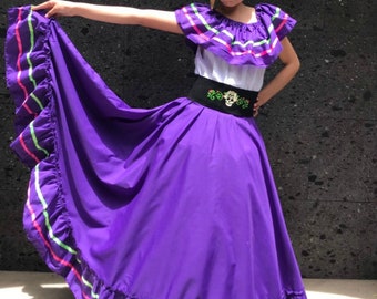 Mexican two piece Jalisco dress 70  -KIDS- size  8-10 Beautiful style-baby mexican boho hippie baby flower child Color Purple