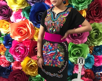 Mexican Embroidered Dress: Kimono Style Day of The Dead, Size XL