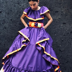 long purple mexican dress Traditional Mexican Purple dress With Embroidered floral embroidery Size2