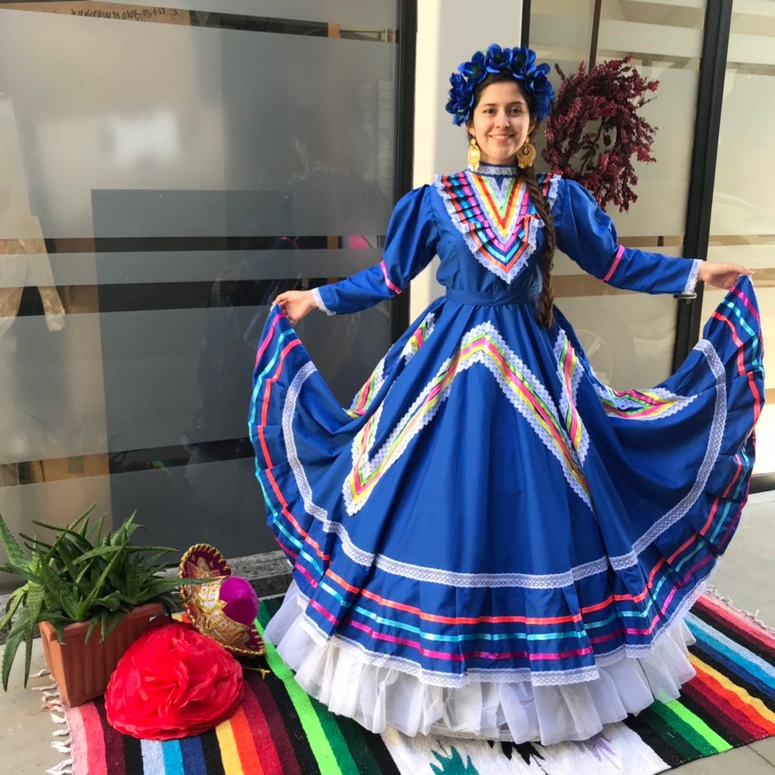 大人 可愛い 服  14 サイズ メキシカンドレス ブルー フォーク ドレス ハリスコ ワンピース