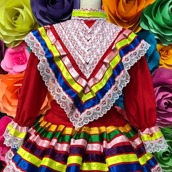 Jalisco mexicano dos piezas vestido ROJO mujer talla M - ADULTO cinta de doble círculo 5 de Mayo día de tje muerto Frida coco fiesta temática