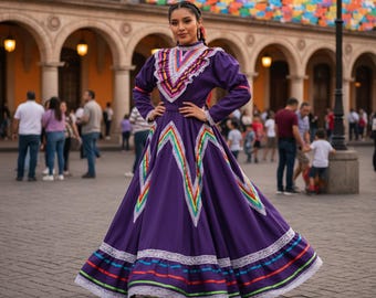 Purple Traditional Jalisco One-Piece Dress - Mexican Folklore Wear (Size 14)